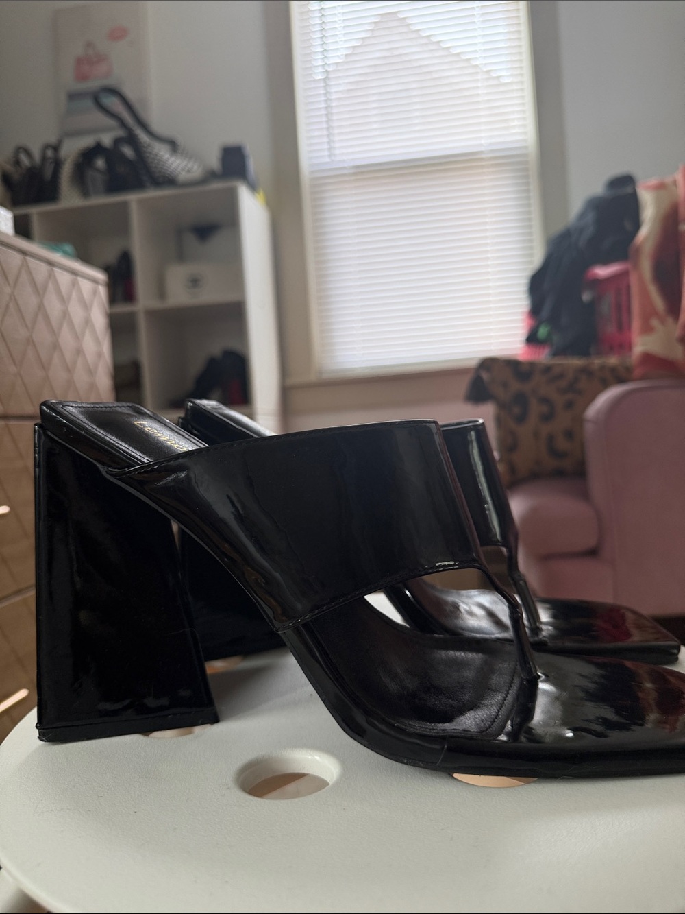 Black Patent Square-Toe Thong Block Heels